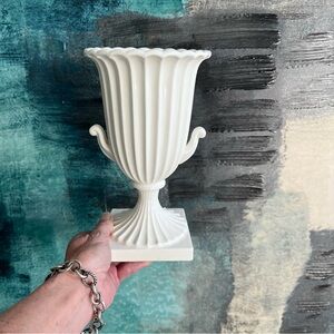 Vintage Pedestal Vase White Ribbed Fluted